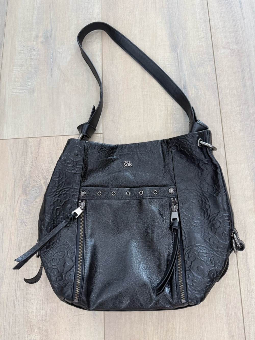The Sak Black Embossed Leather Shoulder Bag